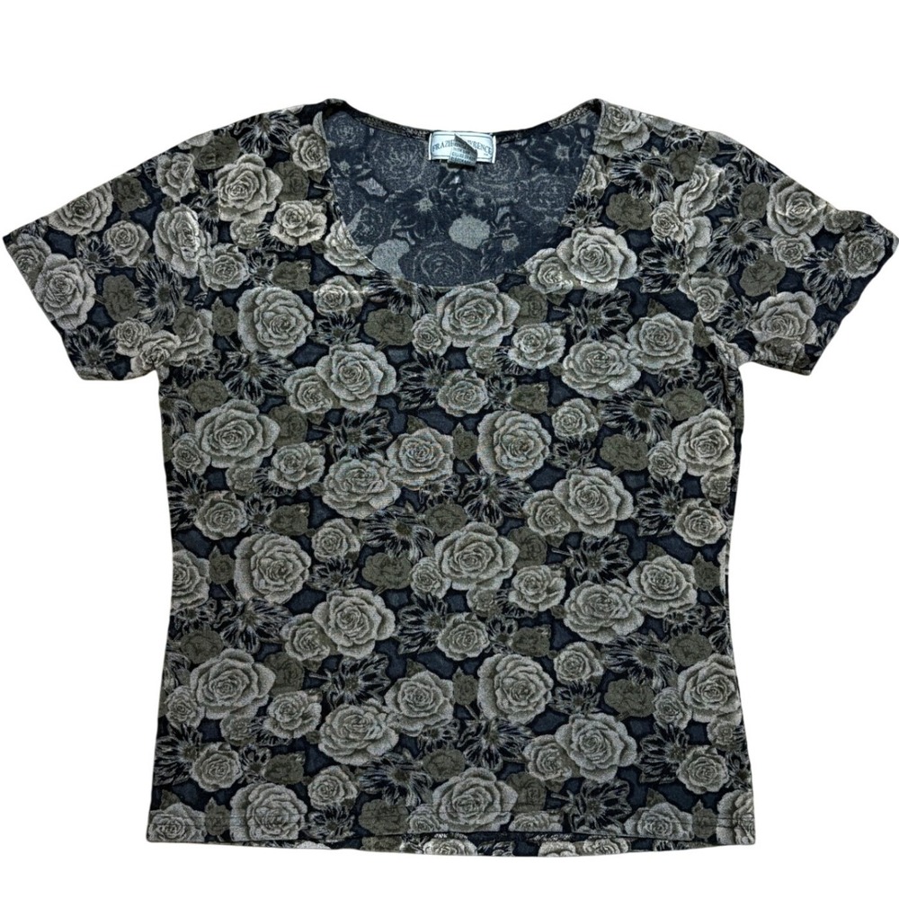 Vintage Frazier Lawrence Sheer Floral Rose Print T-Shirt Top Womens Size M‎
